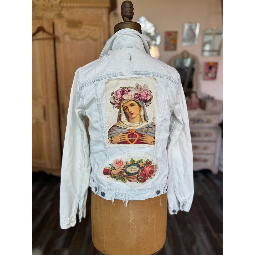 Upcycled‎ Light Blue Denim Jacket Sacred Heart Madonna Folk Art Boho Small